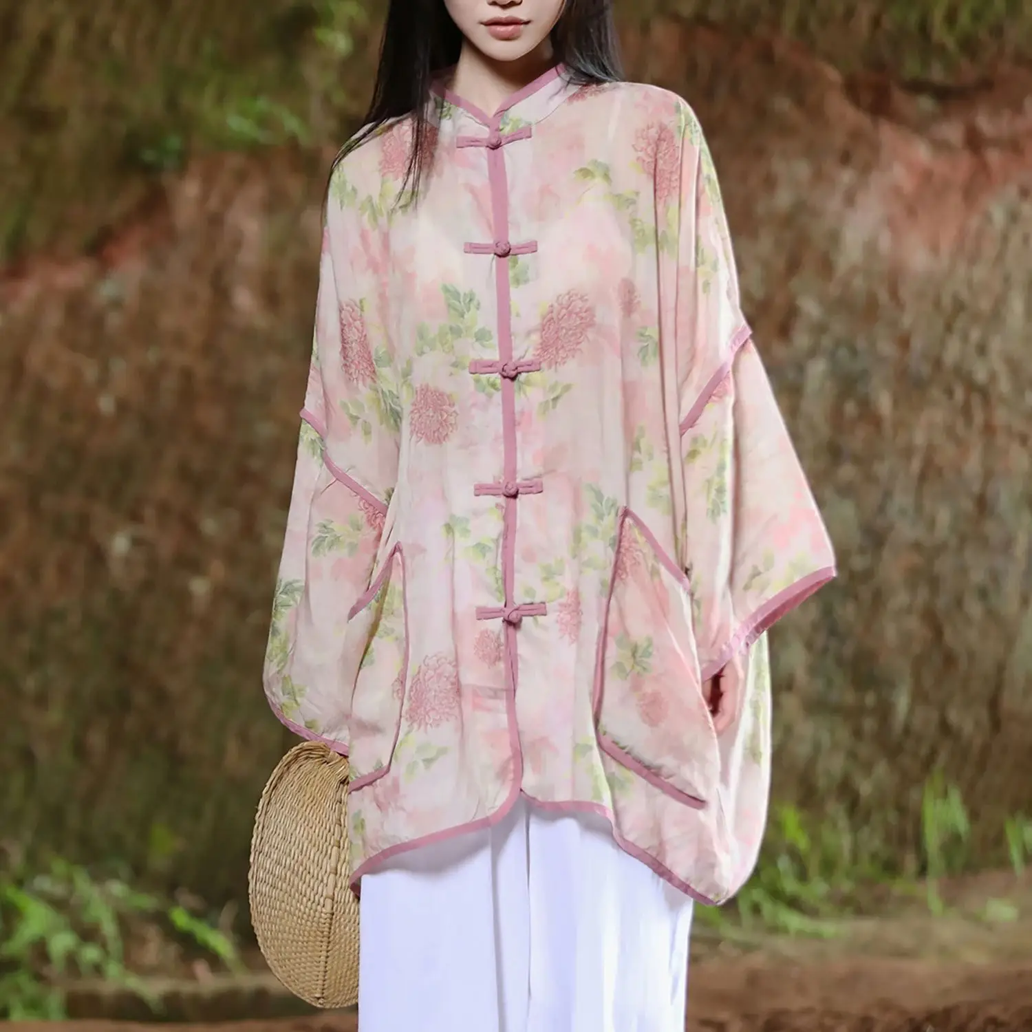 

LZJN Women's Summer Linen Loose Shirt, New Chinese Style, Retro Print, Elegant Cardigan, Plus Size, Mid-length, Sun Protection