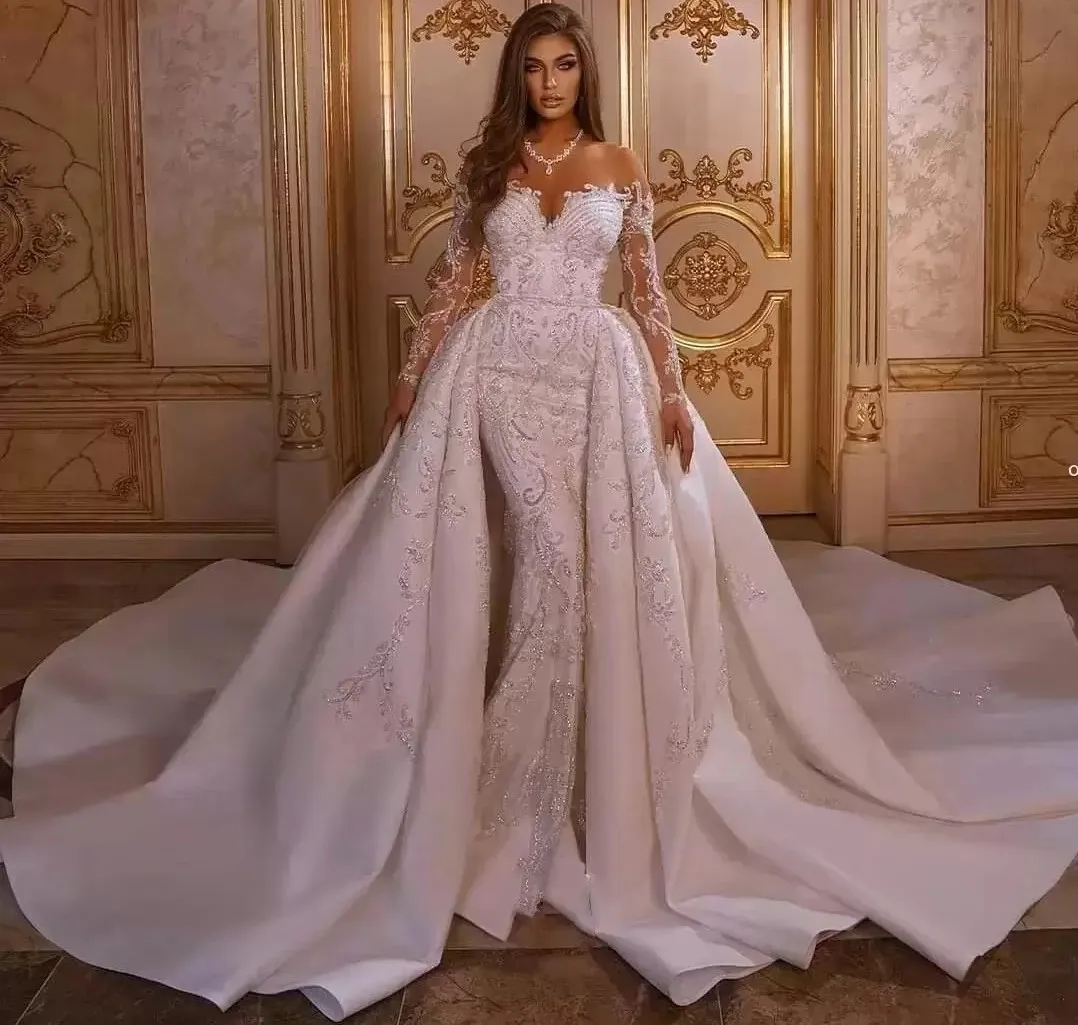 2025 vestido De novia De sirena De lujo con falda desmontable mangas largas ilusión apliques Vestidos De novia árabes Vestidos De novia