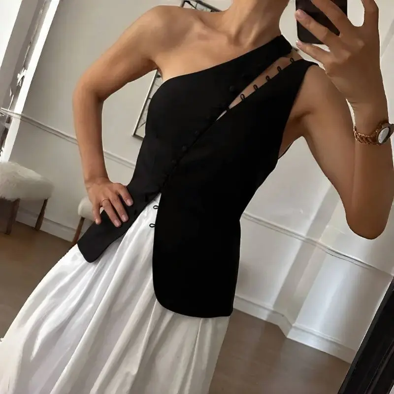 Women's 2026 Summer Sexy Asymmetrical One Shoulder Single Breasted Button Sleeveless Top Vest Elegant Chic Korean Streetwear