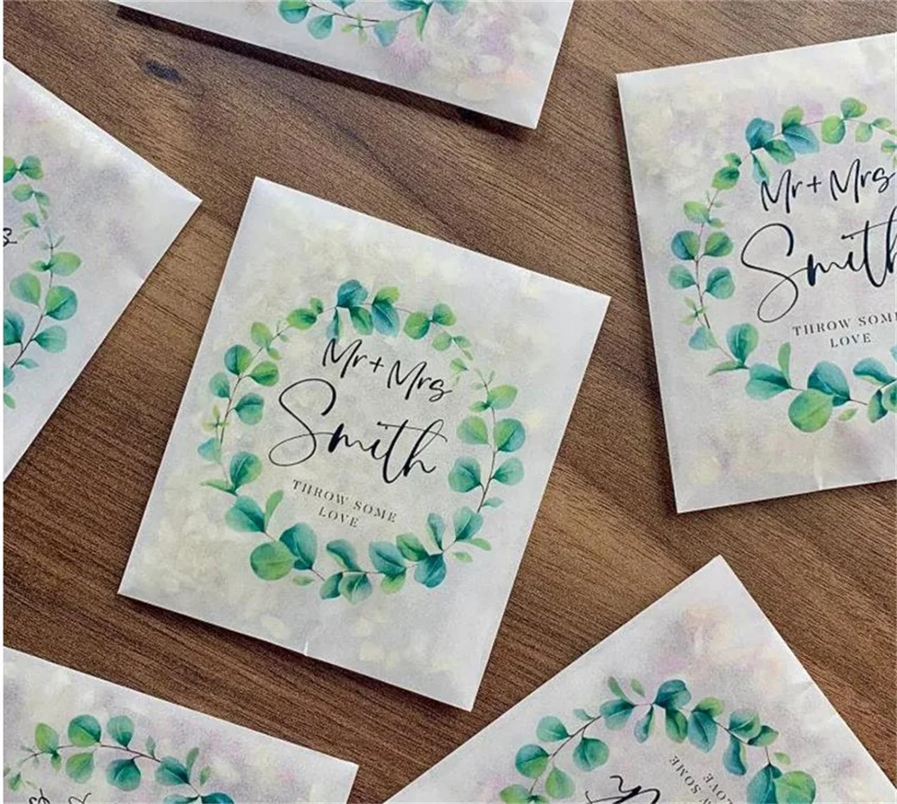 25PCS Biodegradable Personalised Confetti Packets | Real Flower Petal Wedding Confetti | Natural | Eucalyptus Wreath Packets