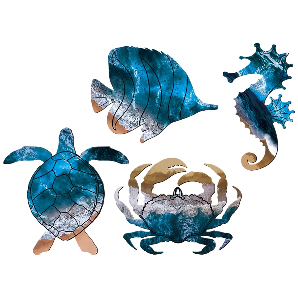 4pcs Iron Ocean Wall Decor Turtle Fish Seahorse Crab Beach Theme Coastal Bedroom Living Room Pool Outdoor