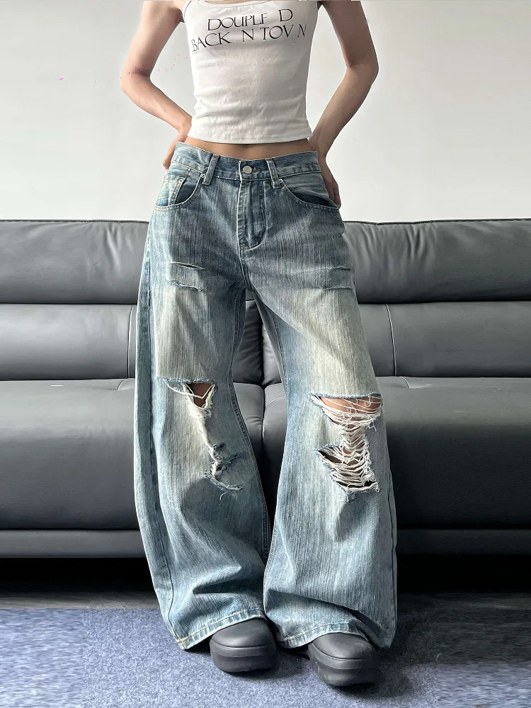 Retro American High Street Distressed Cleanfit Loose Wide Leg Jeans Men's Design Sense Bamboo Node Fashionable Jeans