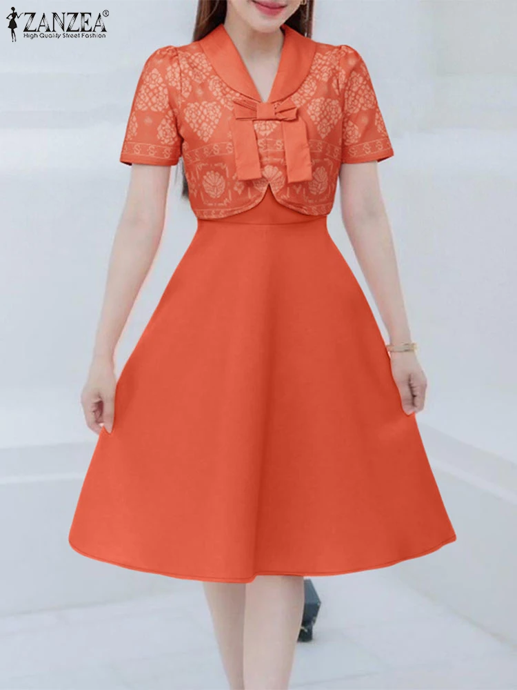 Elegante vestido de fiesta de línea A ZANZEA Vestidos elegantes para mujer 2025 moda de manga corta Patchwork vestido veraniego de trabajo Vestidos de cintura bata