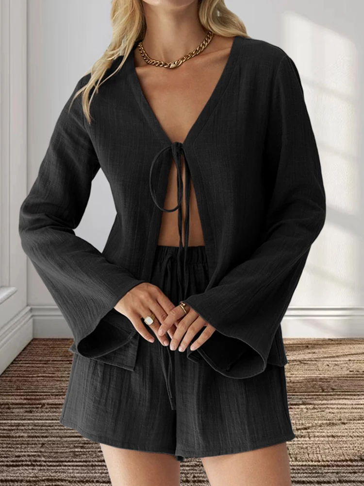 Linad Loose Women\'s Home Clothes 2 Piece Sets V Neck Lace Up Long Sleeve Sleepwear Female Suits With Shorts 2024 Autumn Casual