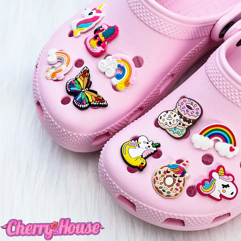 10pcs Unicorn Shoe Charms Sneakers Butterfly Rainbow Shoe Decorations Clog Accessories Doughnut for Women Garden Sandal