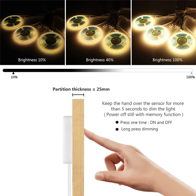 

Touch Sensor Under Cabinet Light Dimmable COB LED Strip Suitable For Bedroom, Wardrobe, Indoor Kitchen Outline, Durable EU Plug