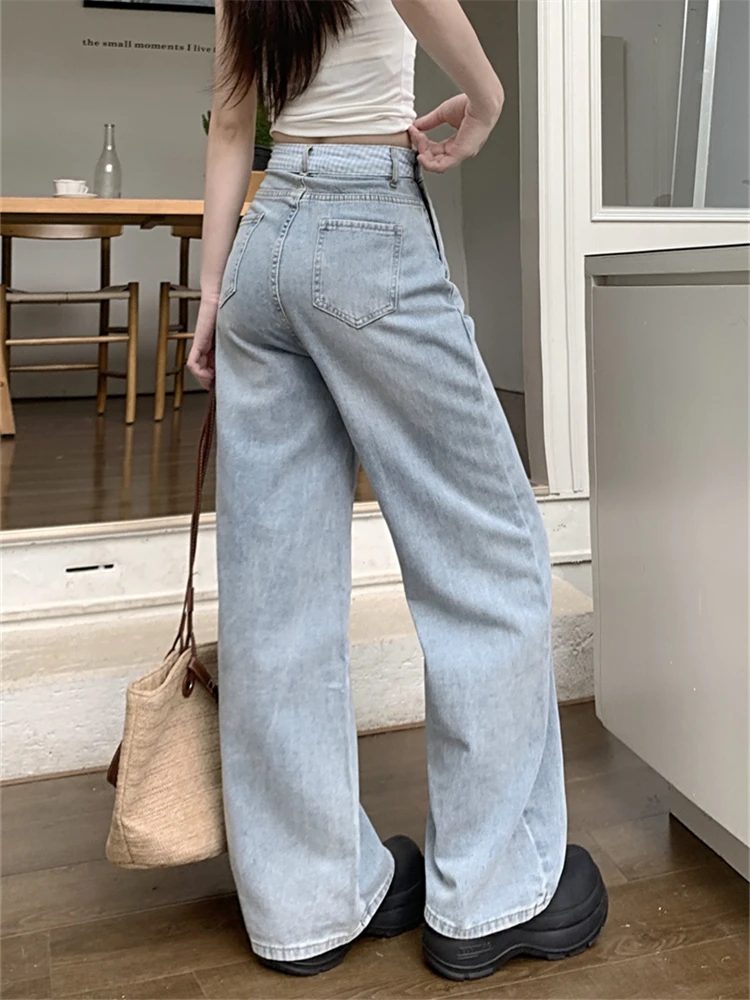 Women's Blue Checkered Stitching Straight Wide Leg Jeans Personalized Trousers Cool Girl Casual Bottoms Female Street Denim Pant