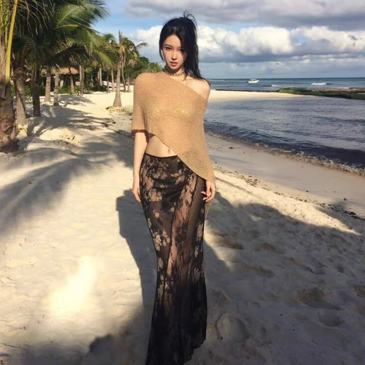 

Sexy Black Bikini Two-Piece Swimsuit for Island Vacation Small Chest Slimming Long Dress Swimming Suit Trendy High-End Feeling