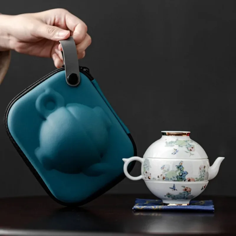 

Hydrangea Suet Jade White Porcelain Tea Set Outdoor Portable Travel Tea Service 1 Teapot 2 Cups Ceramics Kung Fu Tea Set