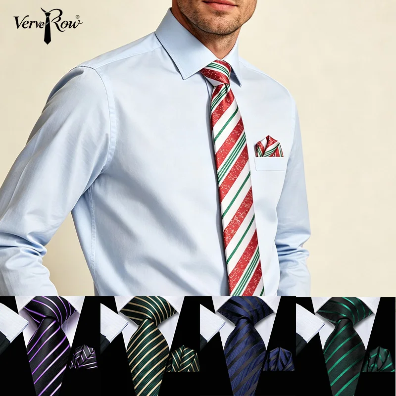 VerveRow Men Stripe Tie and Pocket Square Set, Red White Diagonal Striped Necktie Handkerchief for Business Wedding Party