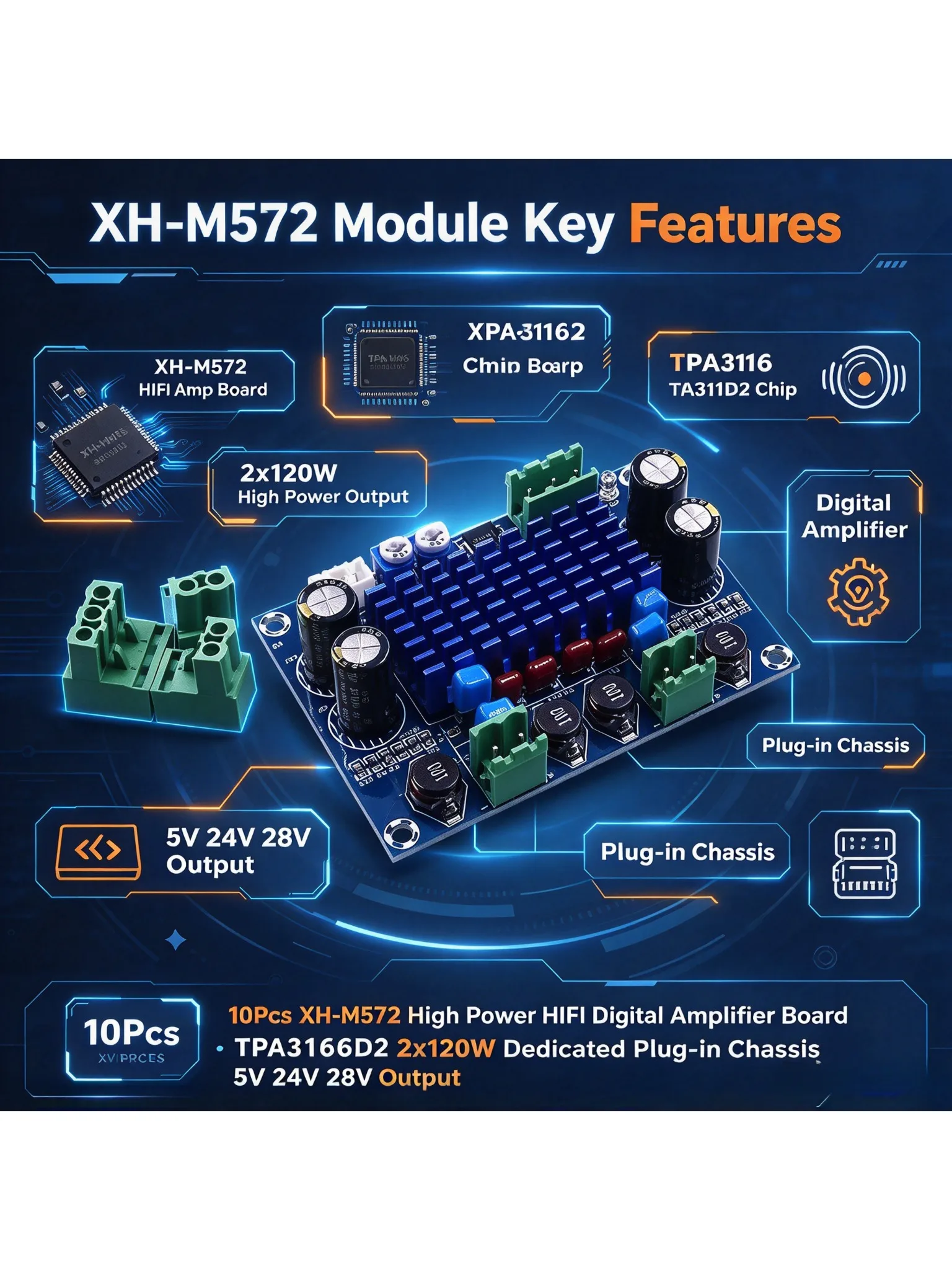 10Pcs XH-M572 High Power HIFI Digital Amplifier Board TPA3116D2 2x120W Dedicated Plug-in Chassis 5V 24V 28V Output