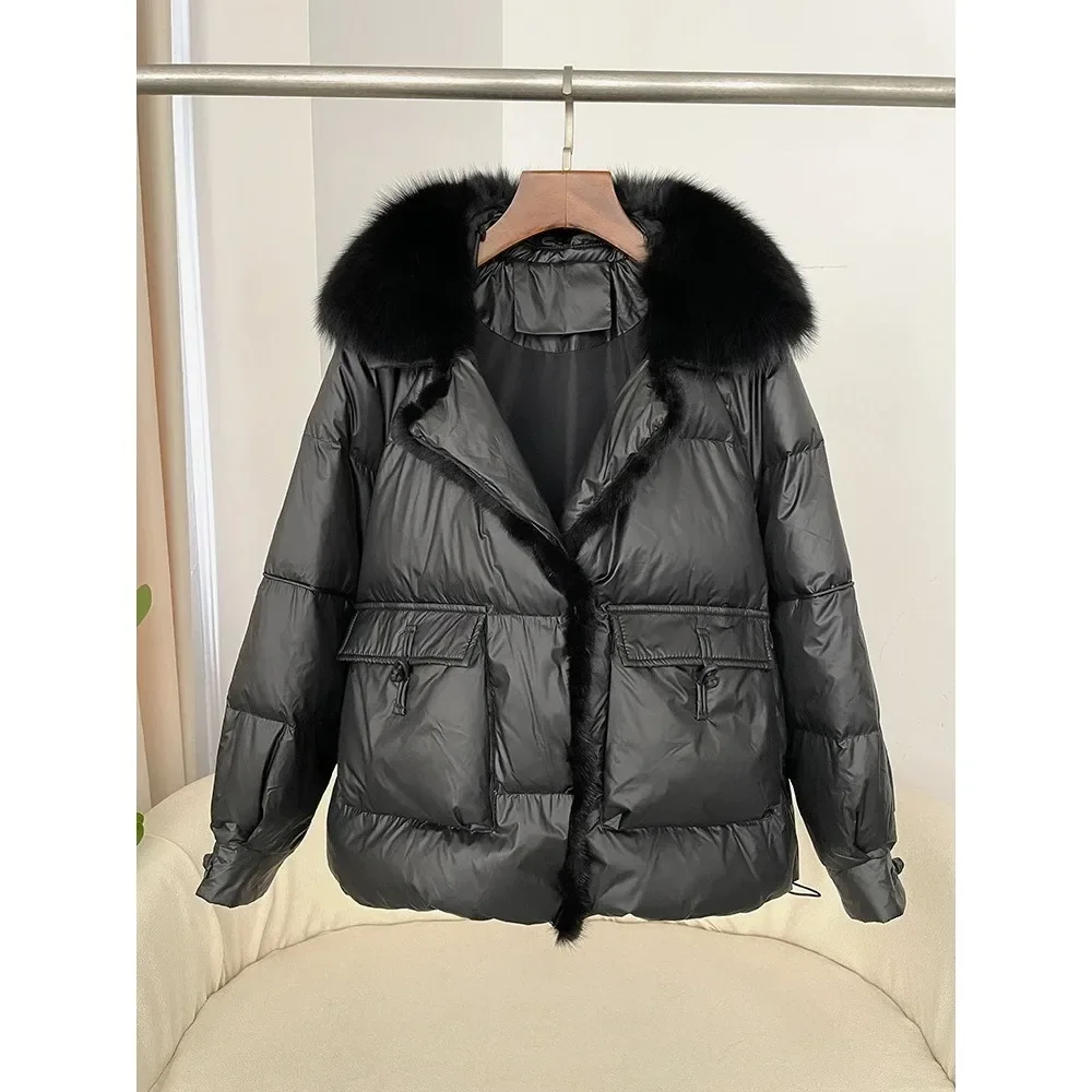 Korean Style Loose Casual Down Jacket Autumn Winter Fashion Fox Fur Collar Spliced 90% White Duck Down Thickened Warm Women