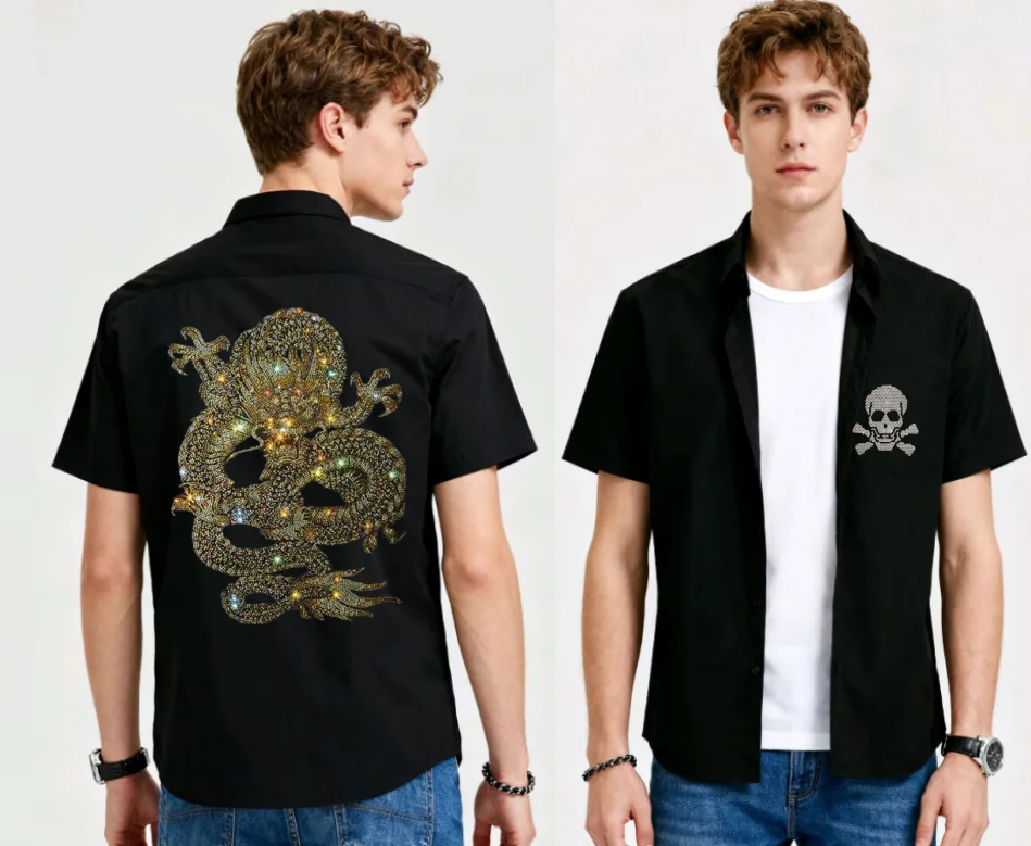

Мужская летняя рубашка Slim Fit с коротким рукавом и черепом и брендовыми рубашками со стразами