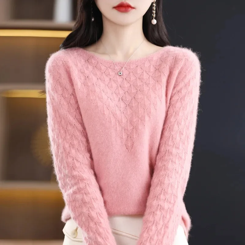 Pulôver de caxemira com decote em o, suéter 100% lã merino, malha básica, manga comprida, top de roupas femininas, primavera, outono, novo