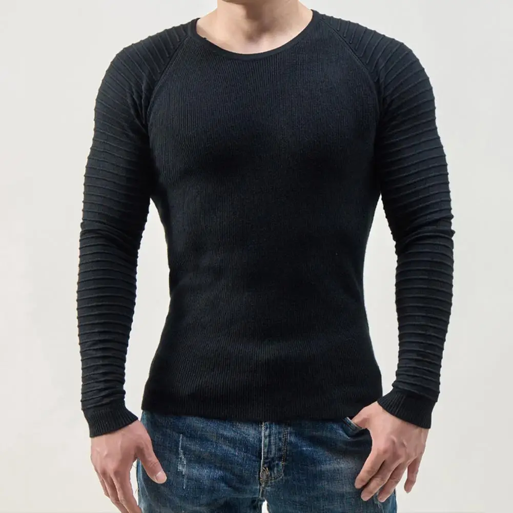 New 2022 Men Autumn Sweater Pleated Knit Pullover Soft Breathable Crew Neck Long Sleeve Slim Fit Stripe Applique Men Sweater