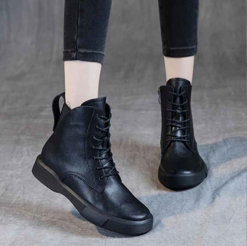 

2025 Big Size 35-43 Women Boots Autumn Winter Warm Plush Flat Ankle Boots British Style Real Cowhide Retro Cotton Boots