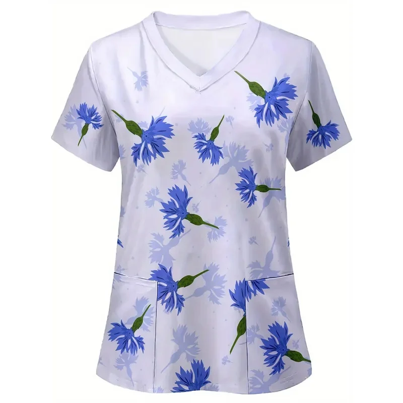Ladies3DFloral print nurse uniformVCollarTShirt Medical workwear with pockets, medical nurse's uniform top