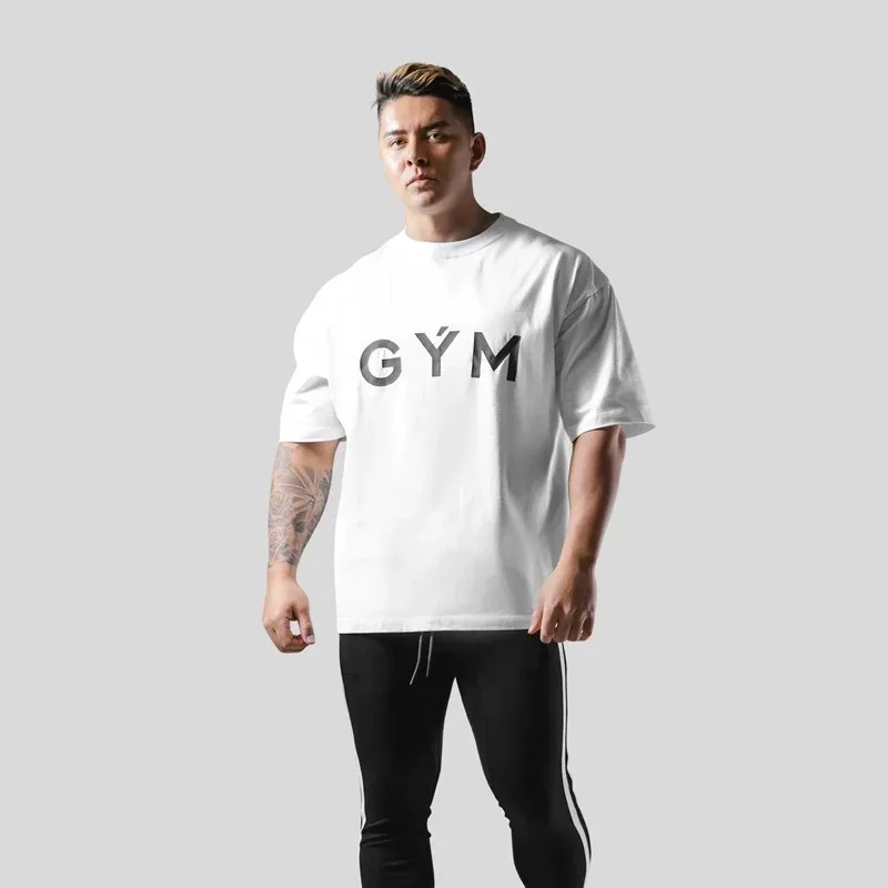 S-5XL Gym T-shirt Men Cotton Sports Short Sleeve Running T Shirt Fitness Loose Workout Tees Tops Summer Bodybuilding Clothing