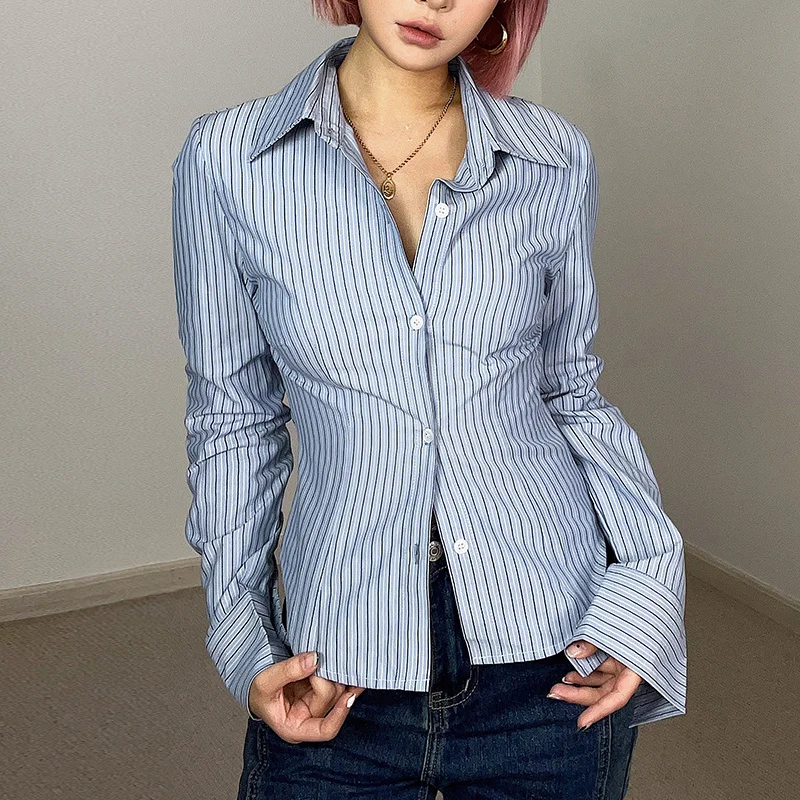 Spicy Girl WOMENGAGA Stripe Polo Neck Long Sleeve Collared Button Up Designer Shirt Women New Tight Sexy Top Fashion Tops 80Q5