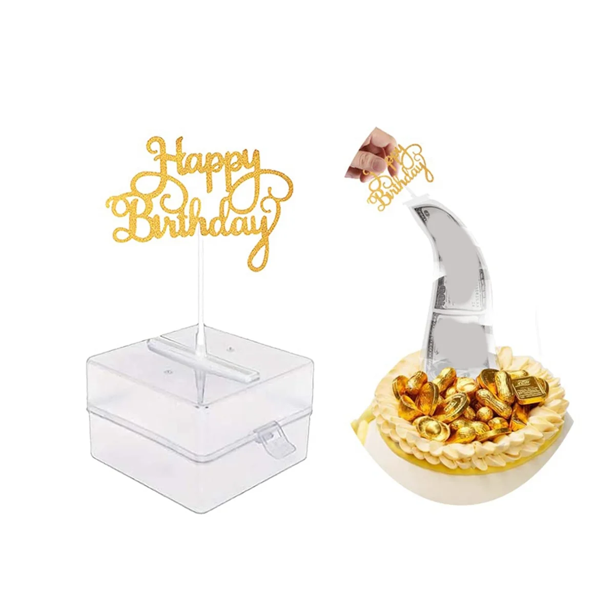 A84E-Cake Money Box Set, Money Pulling Cake Making Mold,Cake ATM Money Box with Gold Glitter Happy Birthday Cake Topper