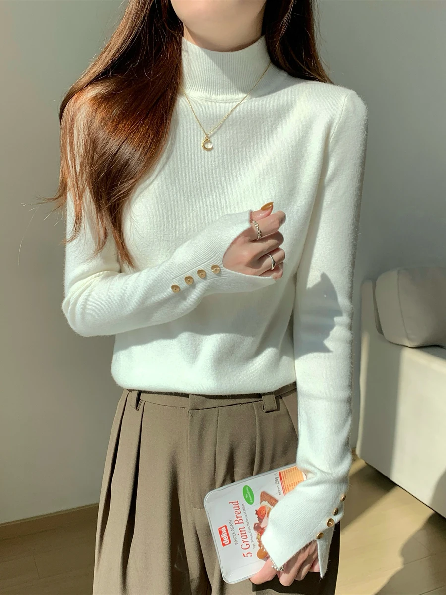 

Ele White Knitted Sweater Women's Slim Fit f High Collar Button Inner Wear Faionable Versatile Top French Sle Long...