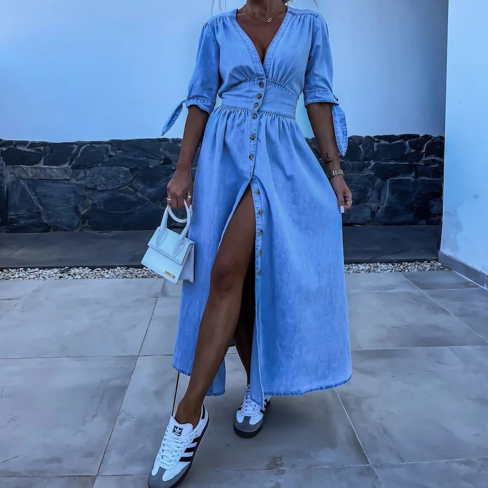 knee length dresses for ladies V Neck Denim Maxi Dress