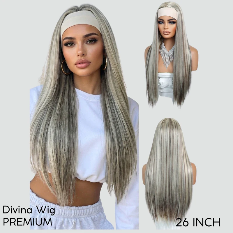 Ash Blonde Highlight Straight Headband Wig Long Synthetic Hair Natural Look 26