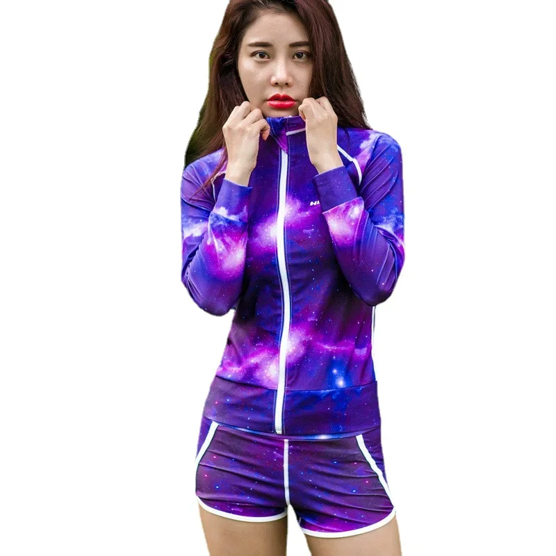 Women Lycra Rashguards Surf Shirt Swimsuit Short Pants Long Sleeve Elastic Calico Zipper Rash Guard Swimming Top Clothes