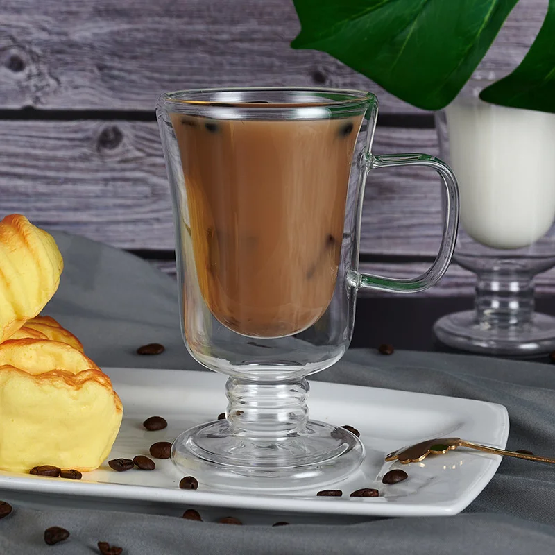 Double Wall Glass Irish Coffee Mug Bubble Tea Milkshake Cup Ice Cream Cup with Handle Milk Fruit Juice Glass Cup