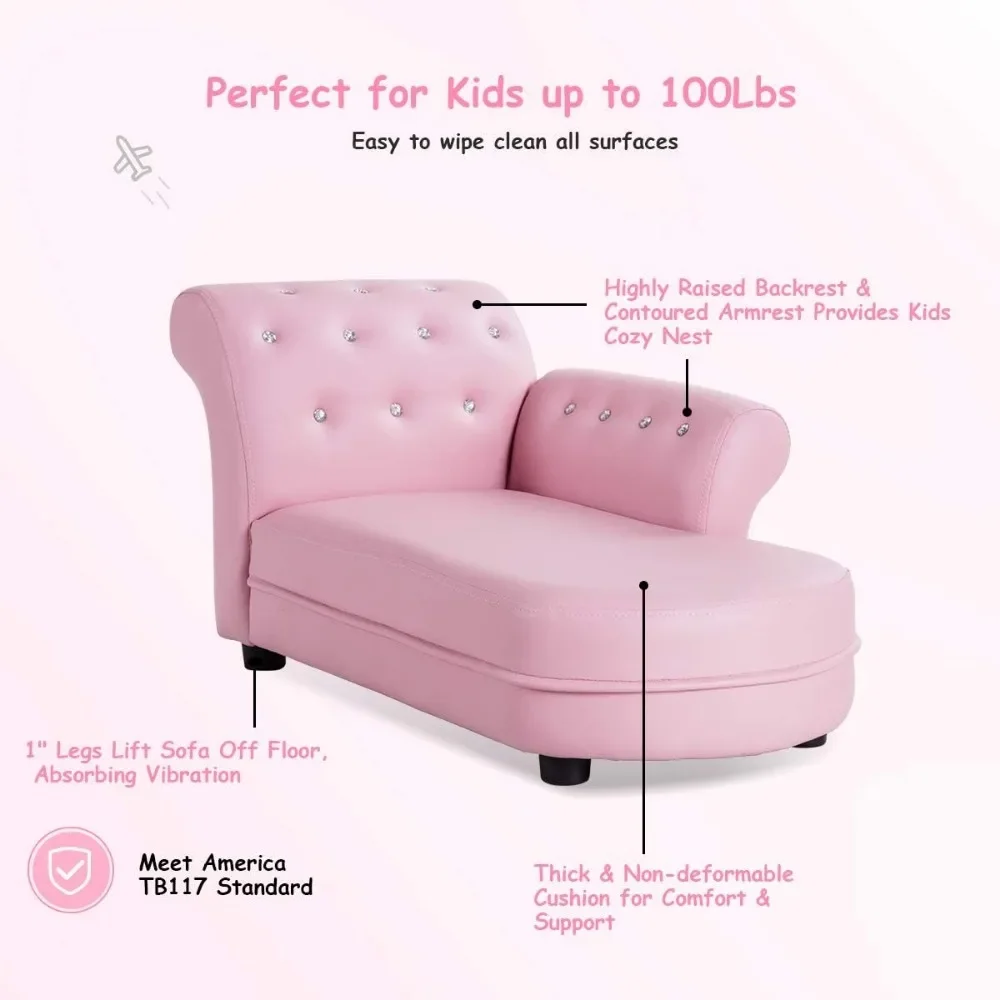 Children's sofa, pink princess sofa, PVC leather and embedded crystal, soft cushioned children's lounge chair