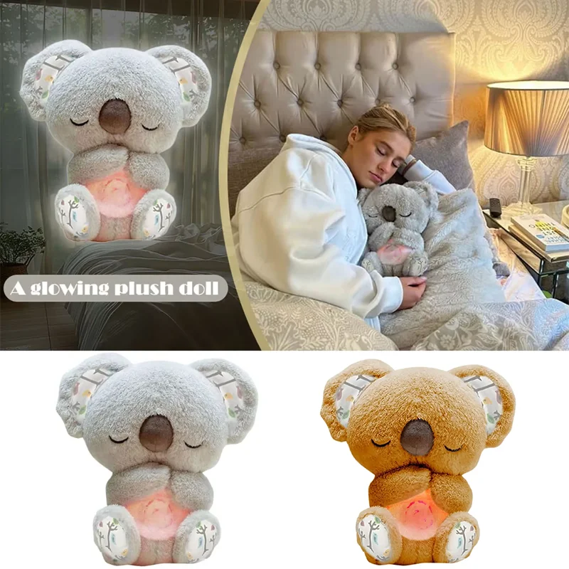 Kuschelige Koala-Plüsch-Schlafhilfe mit weichem Glanz, Nachtlicht, beruhigende Musik und simulierte Atmung, beruhigendes Schlafenszeit-Komfortspielzeug