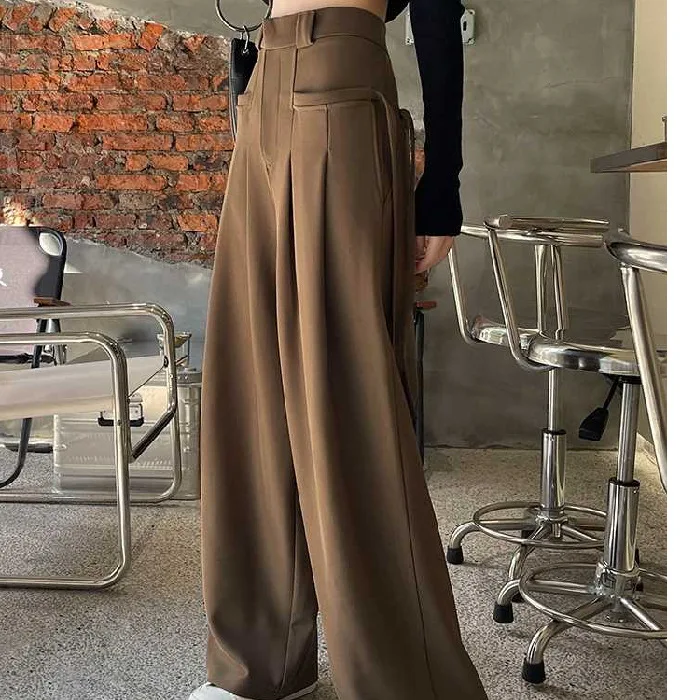 Women's Straight Pants Retro Spice Style High-waisted Vertical Pants Women's Design Side Lace-up Flowy Casual Wide-leg Pants