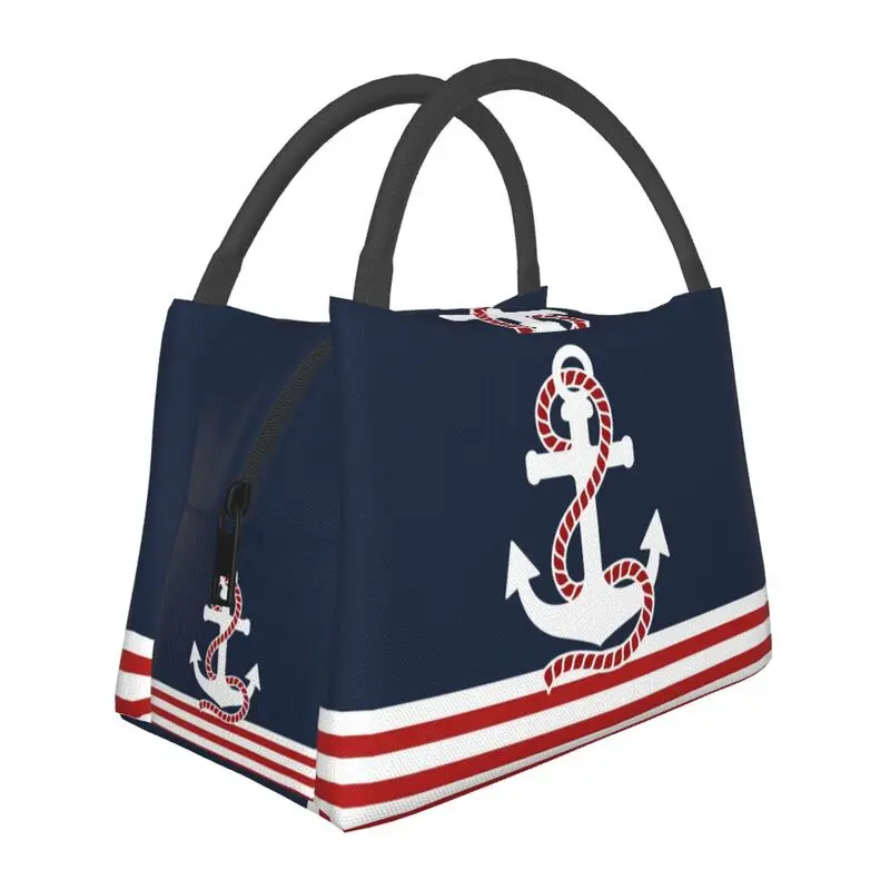 Custom Nautical Stripes And Red Anchor Thermal Insulated Lunch Bag Sailing Sailor Resuable Lunch Tote for Storage Meal Food Box