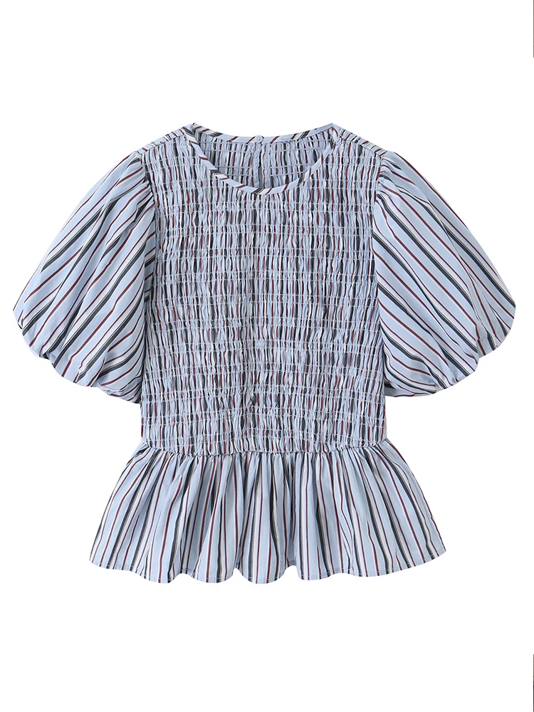 HH Women Summer Feminine Striped Smocked Peplum Top Crew Neck Puff Sleeves Ruffled Hem For Brunch Gathering Casual Travel Wear