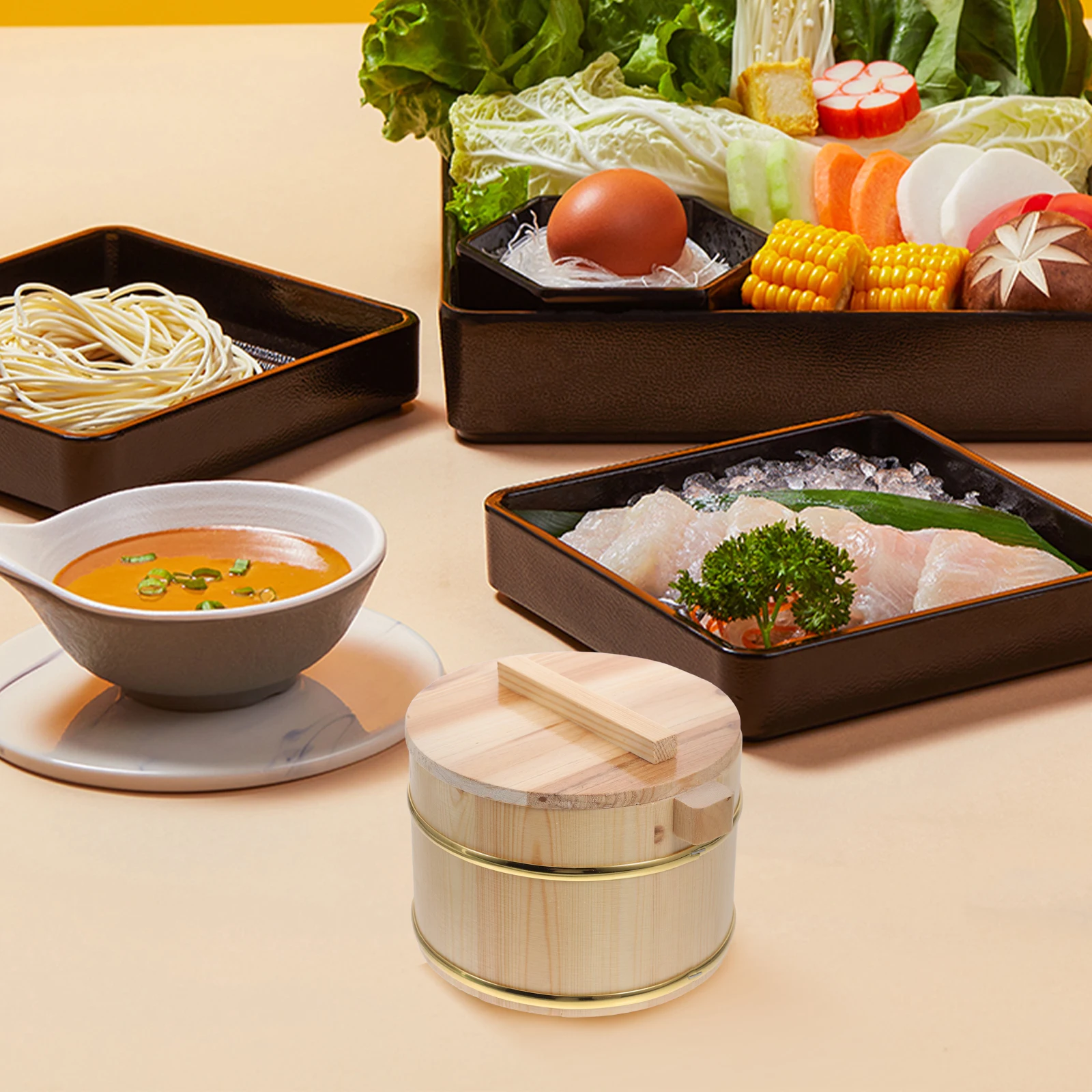 

Sushi Making Wooden Barrel Food Containers with Lids Display Bowl Big Eater Round Bucket Khaki
