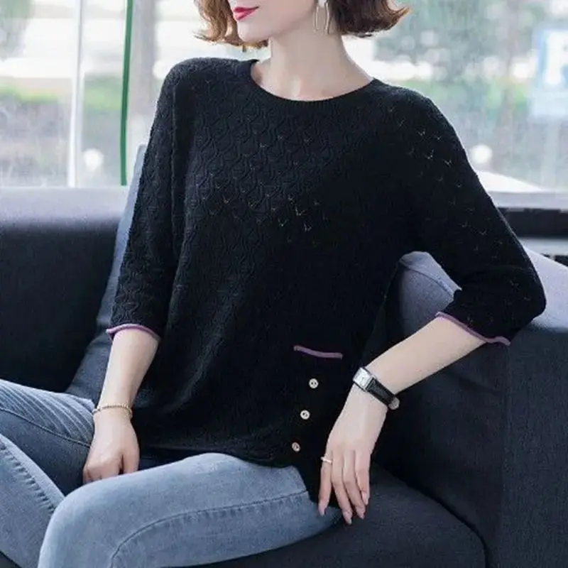 Round Neck Women\'s Clothing Solid Pockets Button Autumn Winter Thin Casual Three Quarter Sleeve Sweaters Hollow Out Pullovers