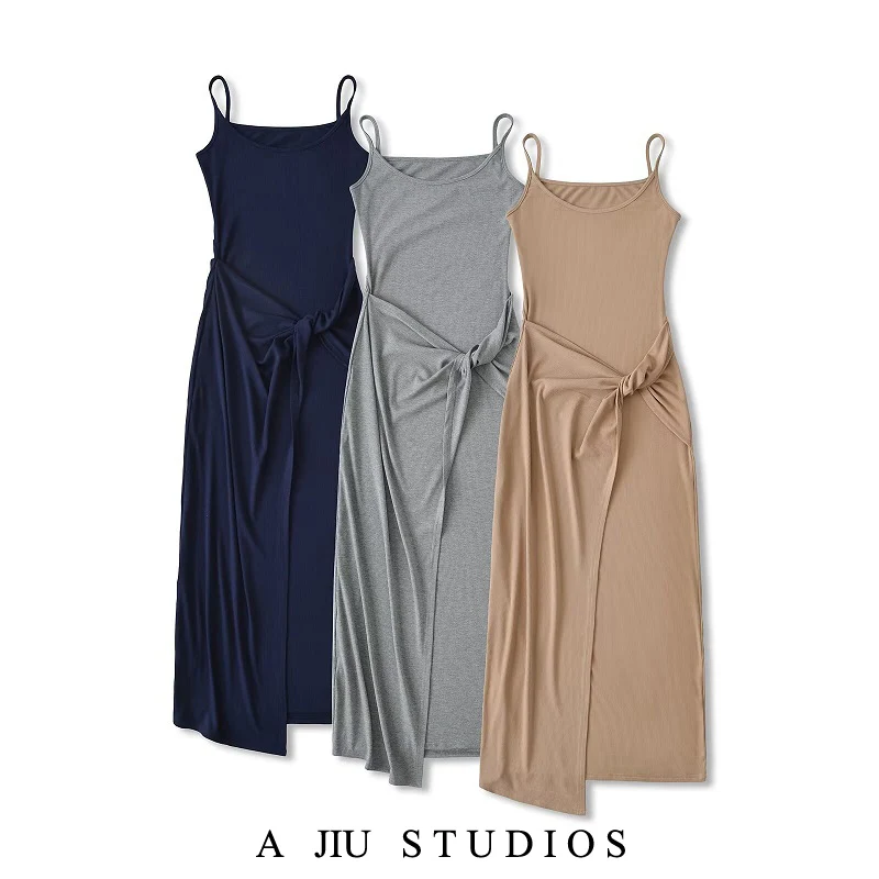 

Slimming Knitted Dr Women's Summer Belt Twist Design Sexy Long Slip Dr Svel Pure Color Casual Faion Dr