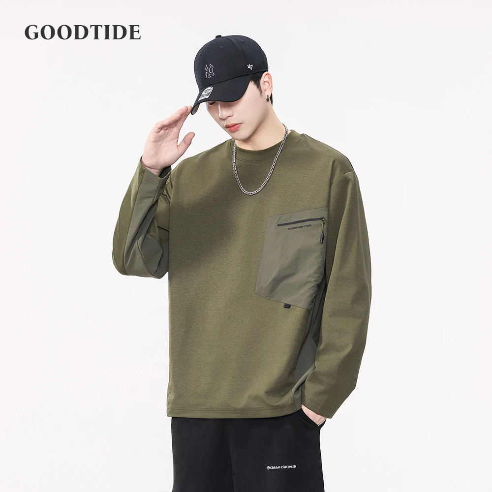 

Fashion Men's Retro Color Block Long Sleeve T-Shirt 2025 Spring Autumn New Loose Casual Decorative Pocket Design Top Pullover