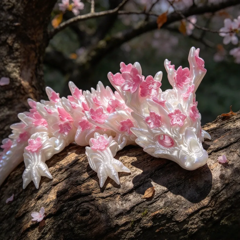 3D Printed Realistic Animal Figurine Pink Cherry Blossom Dragon Toy Model Movable Joints Office Desktop Decoration Ornament Gift