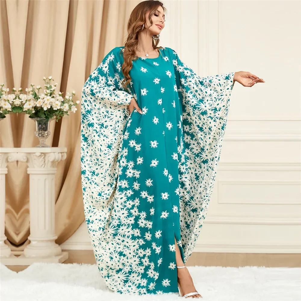 Marocco Caftano Dubai Abaya Eid Mubarak Djellaba Donna Manica a pipistrello Maxi abito Musulmano Allentato Abito da festa Arabo Robe Islam Abaya