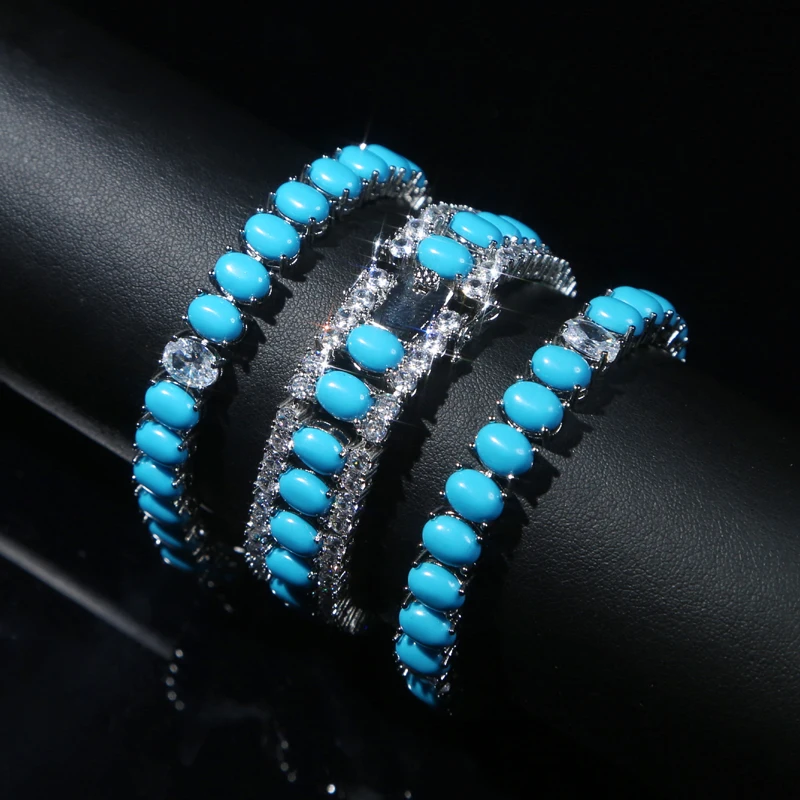 Fashion Jewelry Turquoise Blue Double Row White CZ Stone Tennis Bracelet for Women with Platinum Plated Color Chain 17cm 19cm