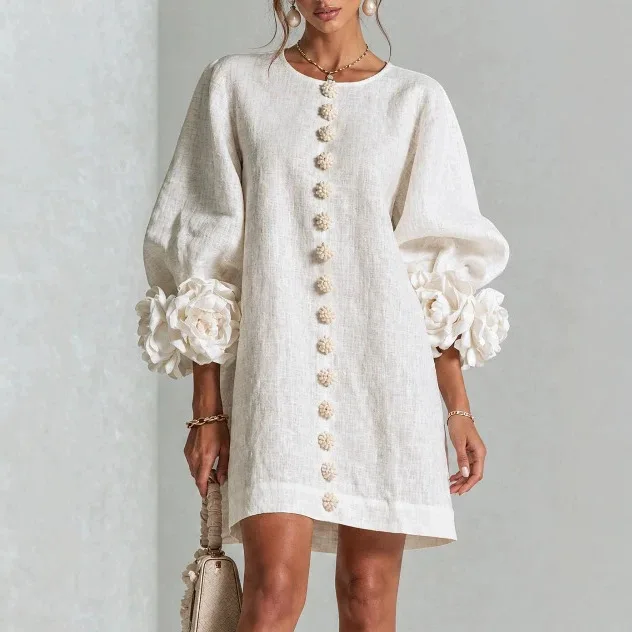 Ladies White Textured Tunic Dress Round Neck Balloon Sleeve 3D Floral Applique Cuff Pom Pom Buttons Front Loose Shift Mini Dress