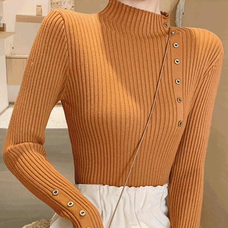 Autumn Winter New Button Slim Knitting Bottoming Shirt Long Sleeve Solid Color All-match Sweaters Elegant Vintage Women Clothing