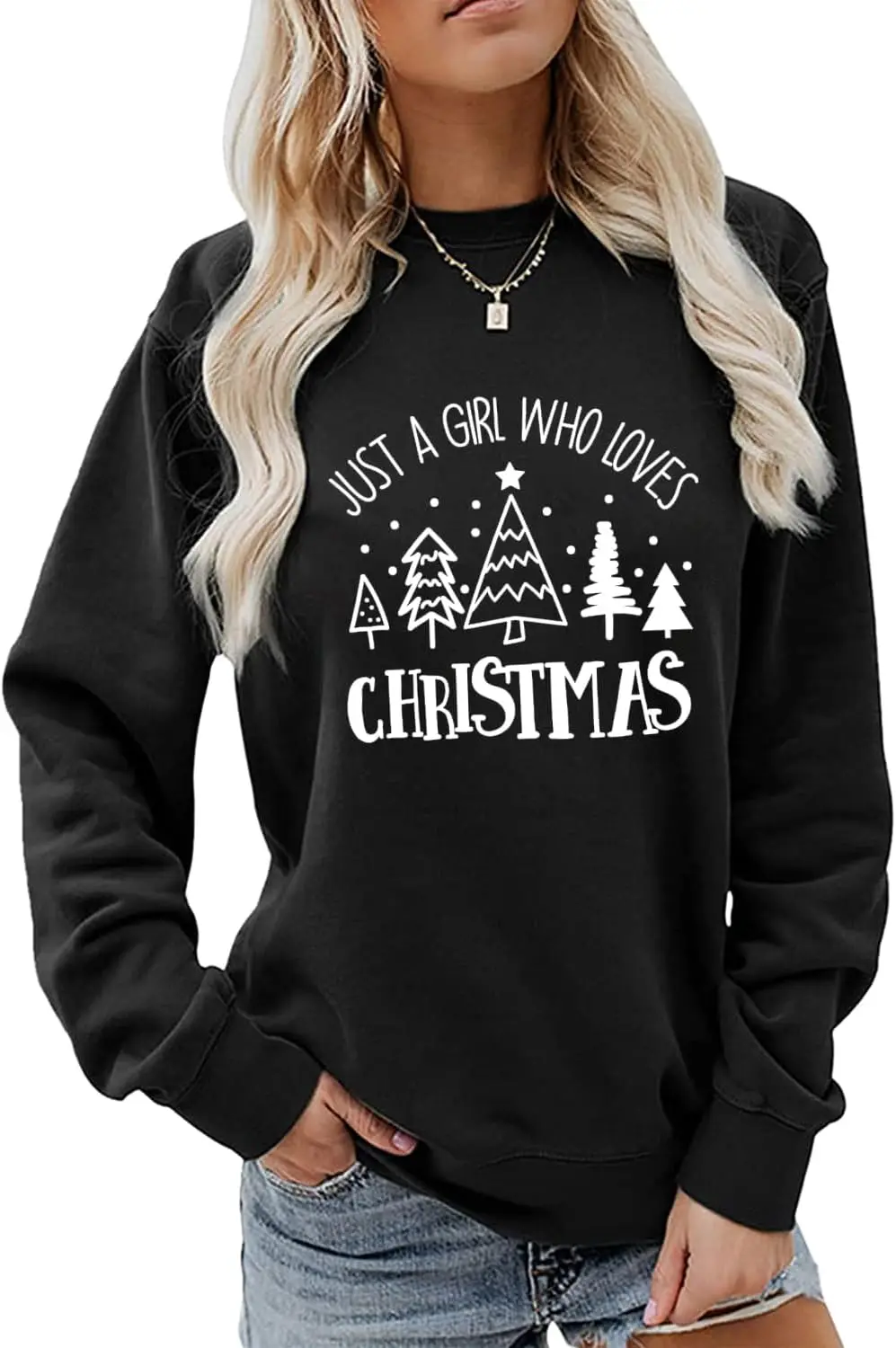 

Just A Girl Who Loves Christmas Sweatshirt Cute X-mas Tree Graphic Shirt Women Crewneck Pullover Tops Holiday Sweater