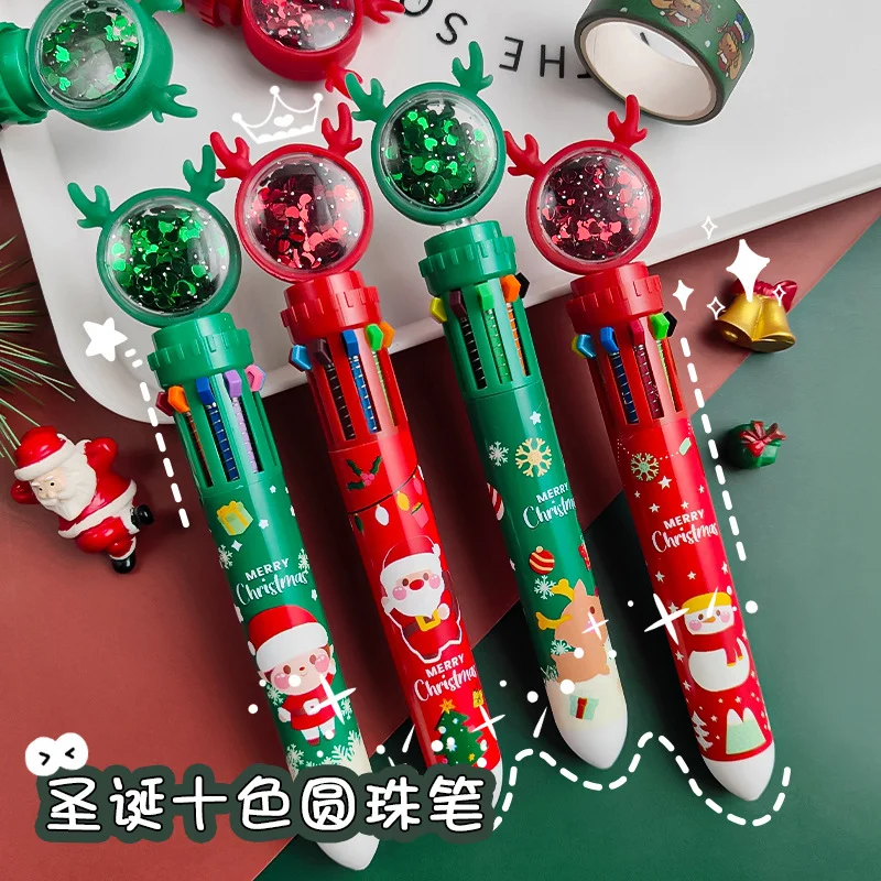 Christmas Ten-color Ballpoint Pen Cute Press Ballpoint Pen Holiday Kid Gift Merry Christmas Decor For Home Xmas Ornament