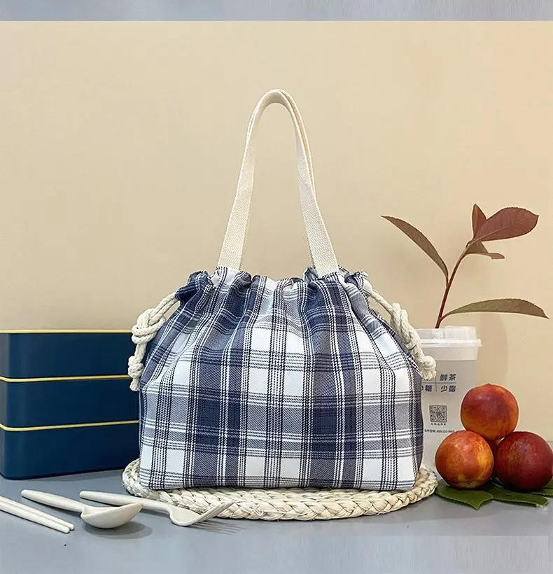 Karierte Handtasche mit Kordelzug, wasserdicht, ölbeständig, Lunchtasche, tragbare Kosmetik-Aufbewahrungstasche, modische Tragetasche – Detail 12