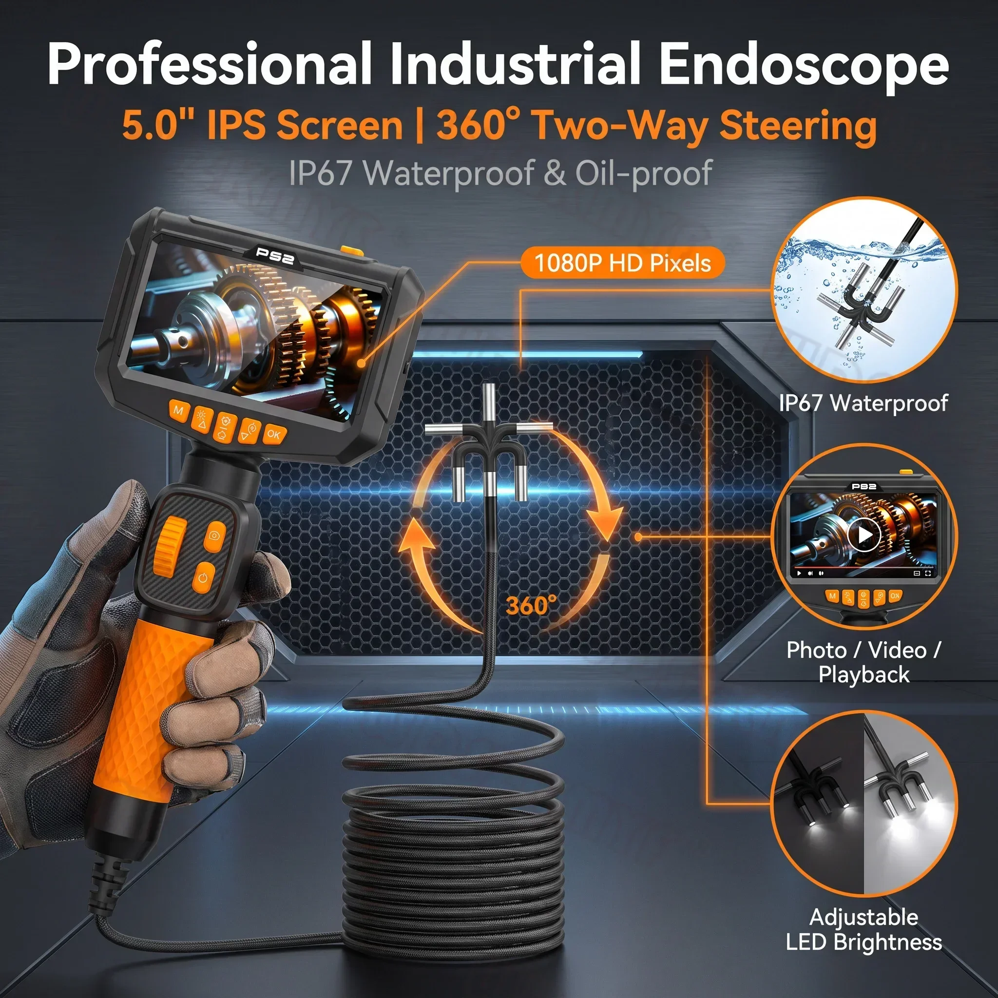 Industrial Endoscope Camera 6.0mm Lens 360° Rotatable 1080P HD 5 Inch Display IP67 for Car Engine Repair Pipe Leak Detection