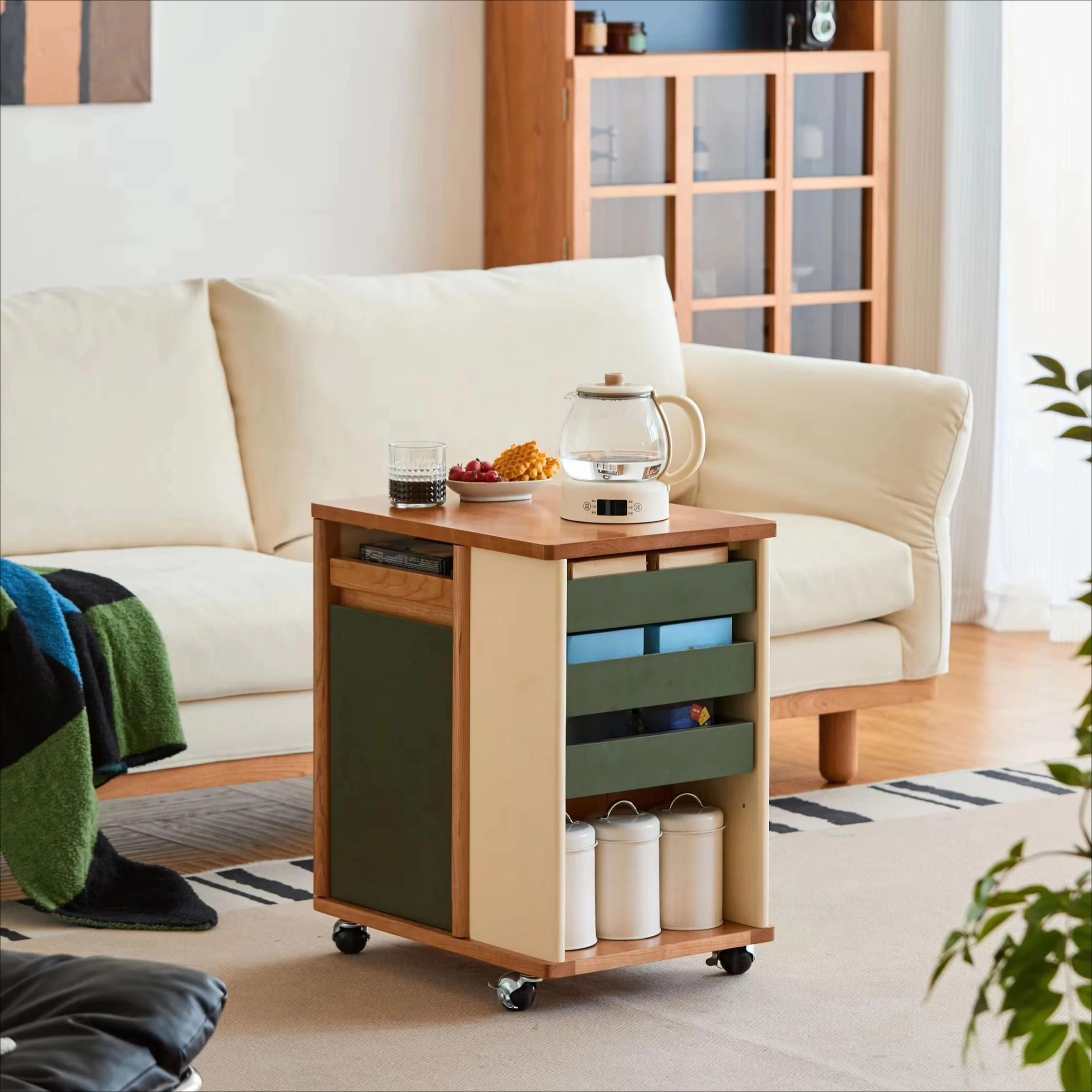 Half house modern simple multi-functional movable wooden sofa side cart small living room tea table