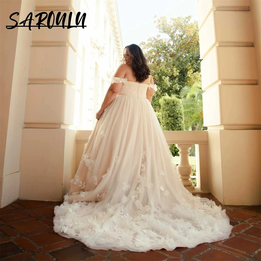 Whimsical Plus Size Tulle Ballgown Wedding Dress 3D Floral Appliqued Bride Dresses Off-The-Shoulder Bridal Gown Vestidos De Novi