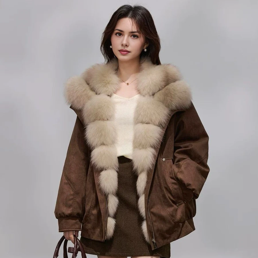 Damen Winterjacke Echte Fuchspelzjacke Natürliches Fuchspelz Flauschige Jacke Luxusmarken Kurze Echtpelzjacke